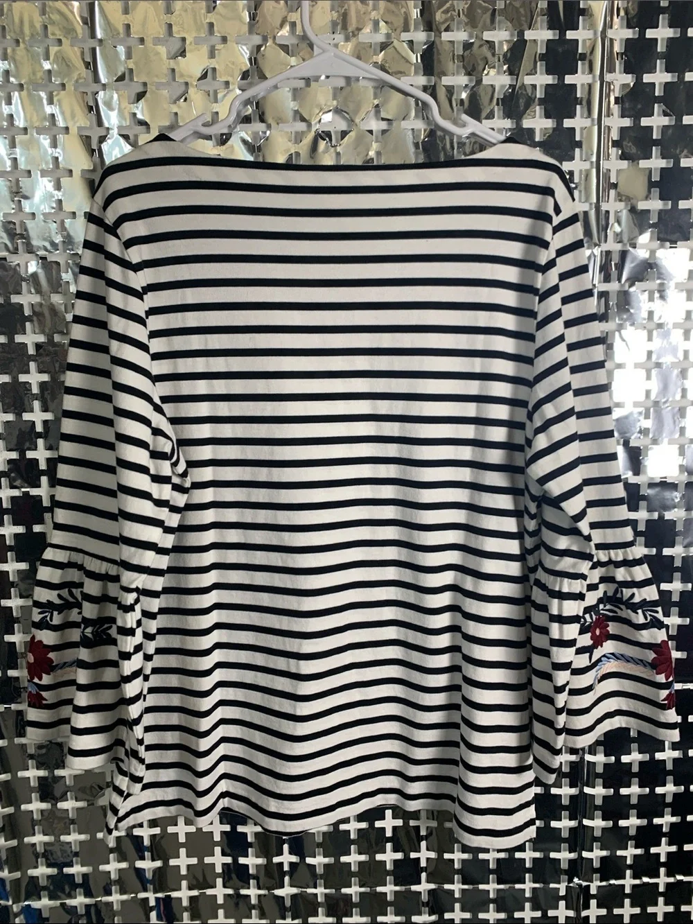 J.Crew Navy and White Striped Tee with Floral Embroidery